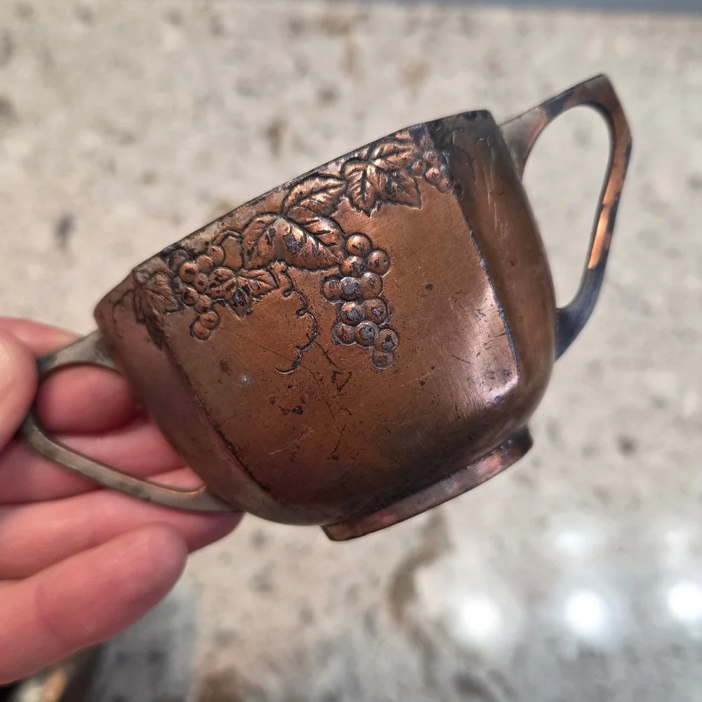 Vintage Japan Copper Creamer Sugar Bowl Set Embossed Grape Motif Cottagecore